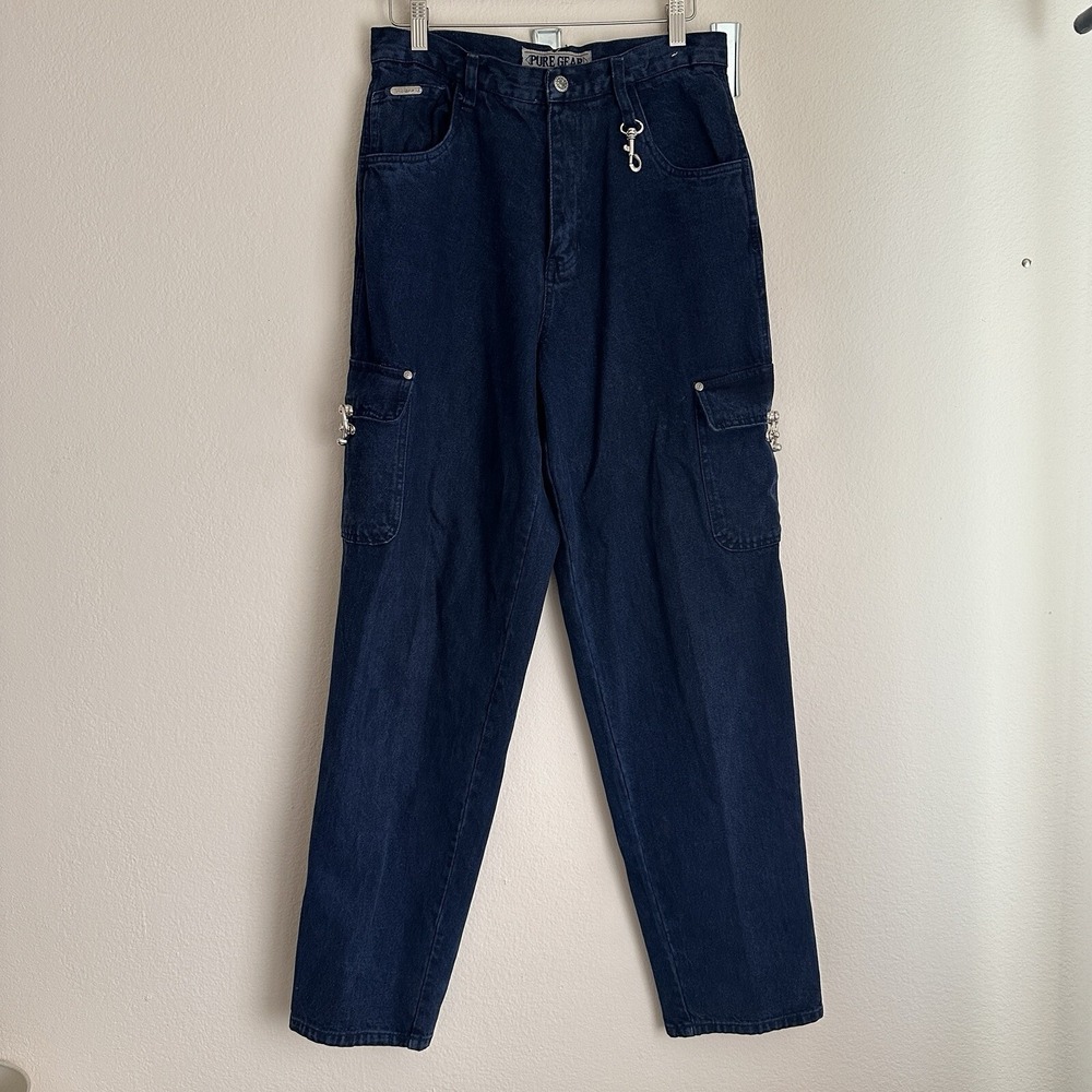 Pure Gear Cargo Jeans Mens 29 Dark Wash Blue‎ Vintage 90s Baggy Utility Denim